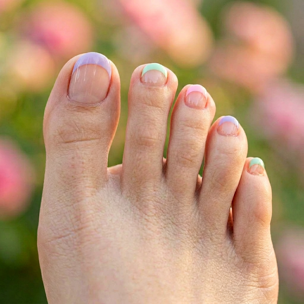 A pastel French tip design featuring soft shades like lavender, mint green, and baby pink, with a glossy finish on a natural toenail base.