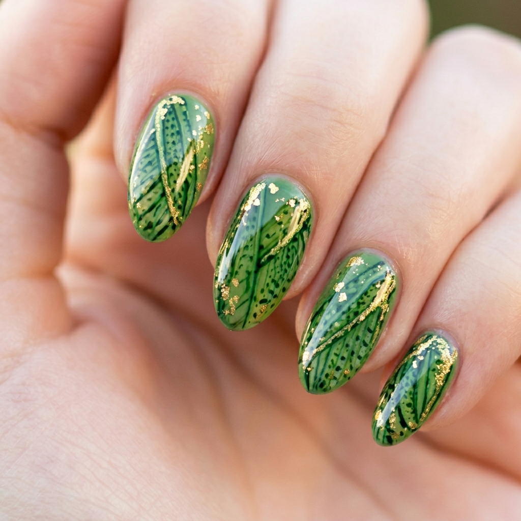 Nail art inspired by hoppers featuring a vibrant green base with intricate patterns resembling the wings of grasshoppers, accented with gold foil details and a glossy finish.