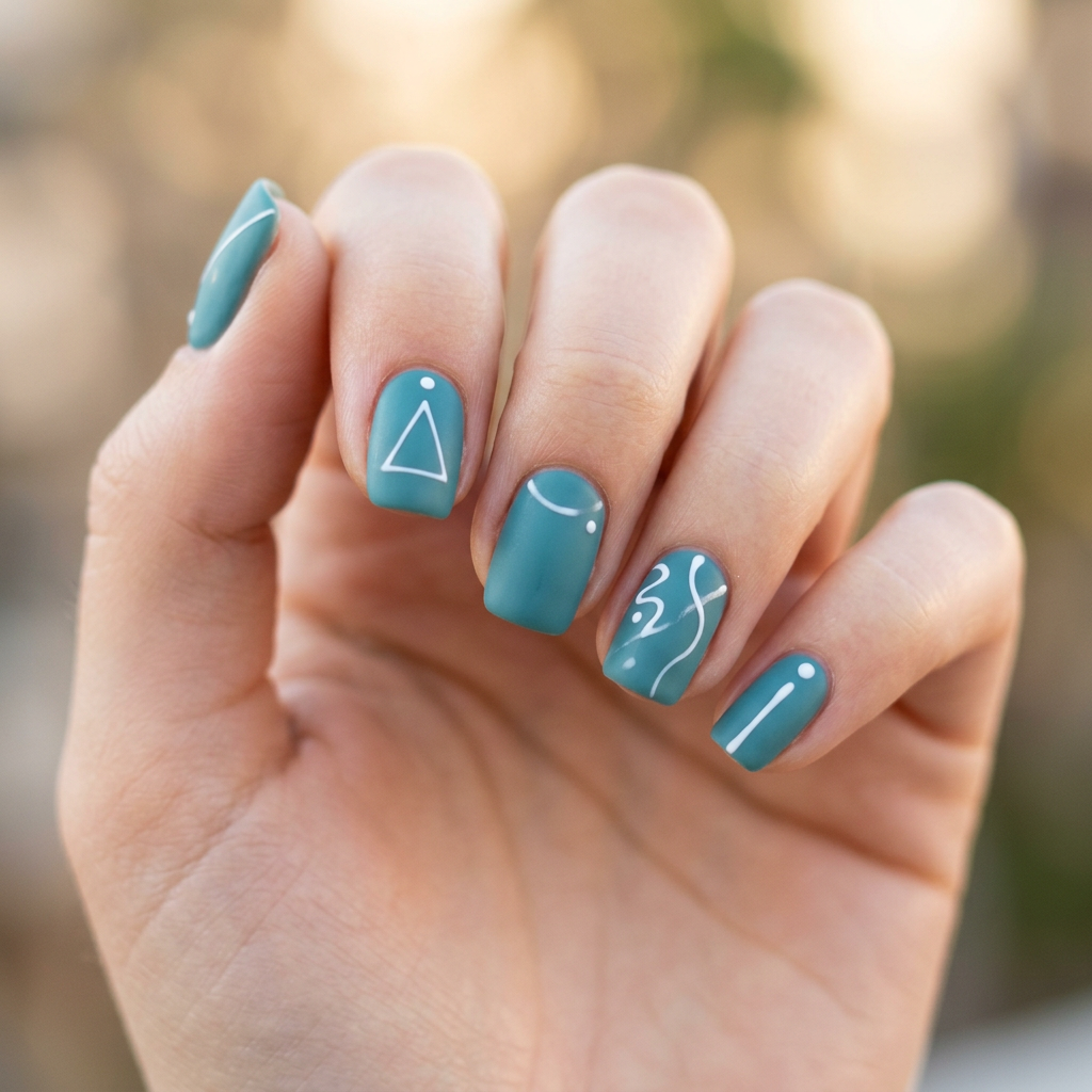 Create a sleek and simple nail design using a teal base color with white accents. Emphasize clean lines and minimalistic patterns for a contemporary look, suitable for everyday wear., minimal elegant style