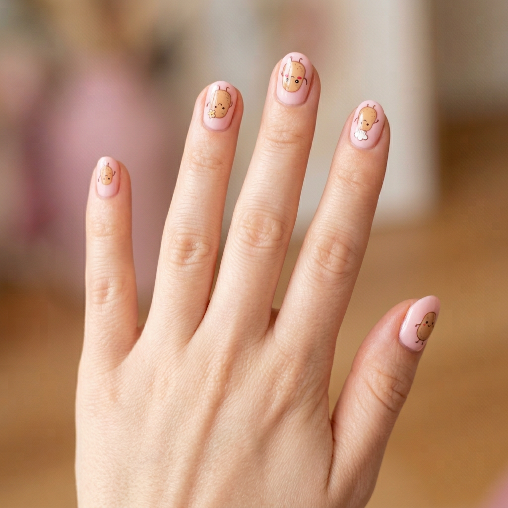 A playful nail design featuring a soft pink background with cute potato illustrations hand-painted on each nail, creating a whimsical and fun look.