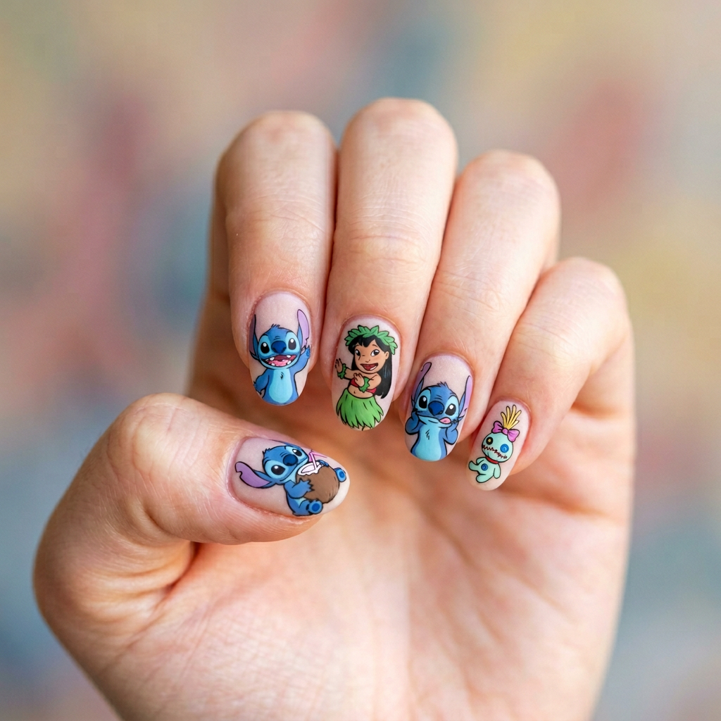 Matte nails featuring hand-painted designs of Lilo and Stitch, with a soft pastel background to enhance the characters.
