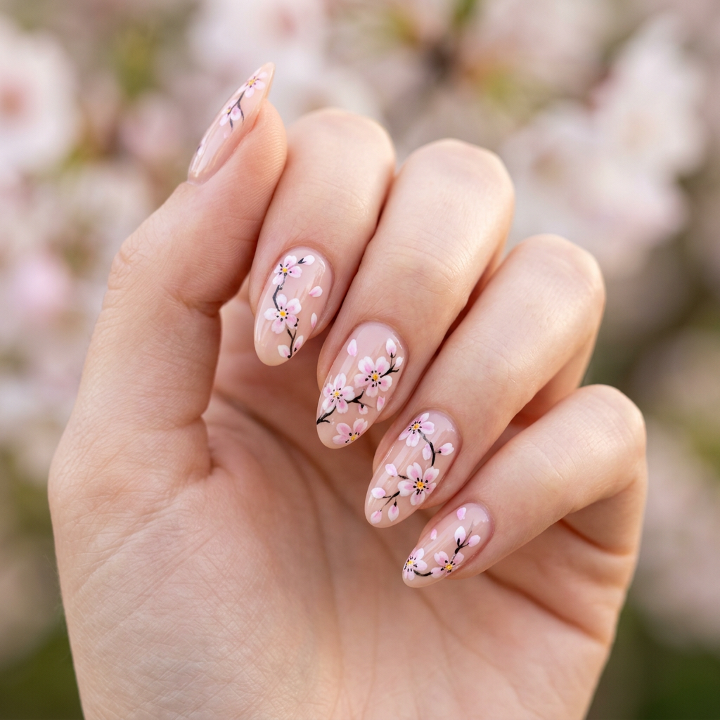 Delicate cherry blossom nail art featuring soft pink flowers with intricate white details on a nude or pastel background, finished with a glossy top coat for a fresh and elegant look.