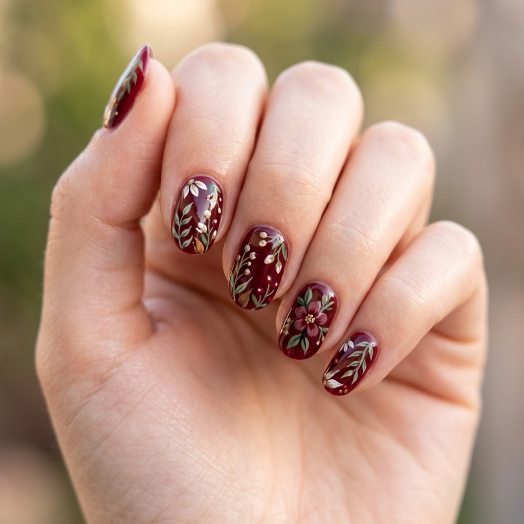 A nail art design featuring a deep red base with leafy green accents and subtle earthy tones. Add small floral elements to mimic the petals for a harmonious botanical theme., minimal elegant style