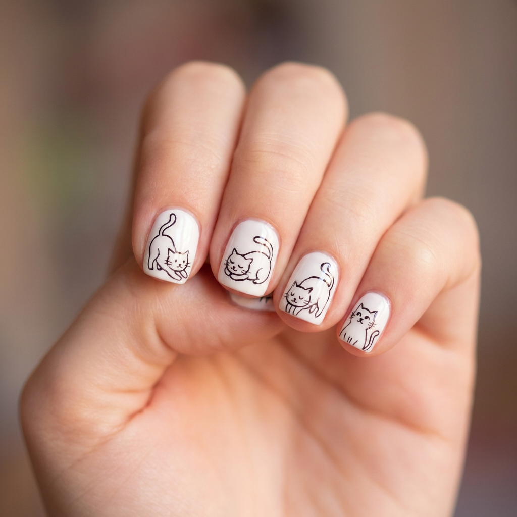 White nails featuring intricate black cat designs, with glossy finish and a playful, whimsical style.