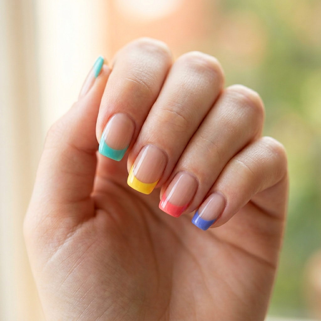 Colorful French tips featuring a vibrant palette of shades, with each tip painted in a different bright color for a playful and eye-catching look.
