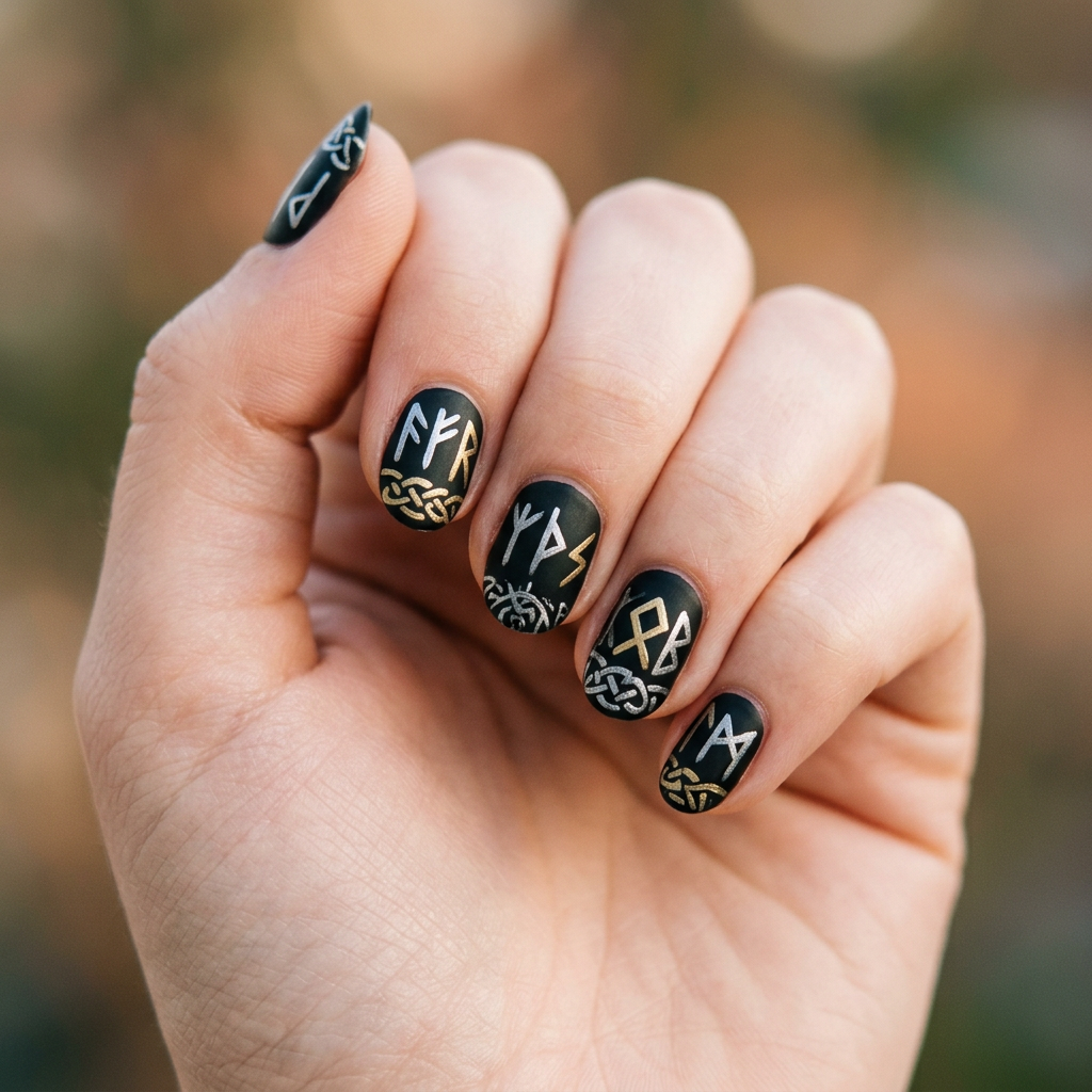 Rune-inspired nail art featuring intricate symbols and designs in a matte black finish, with silver or gold accents to highlight the runes.