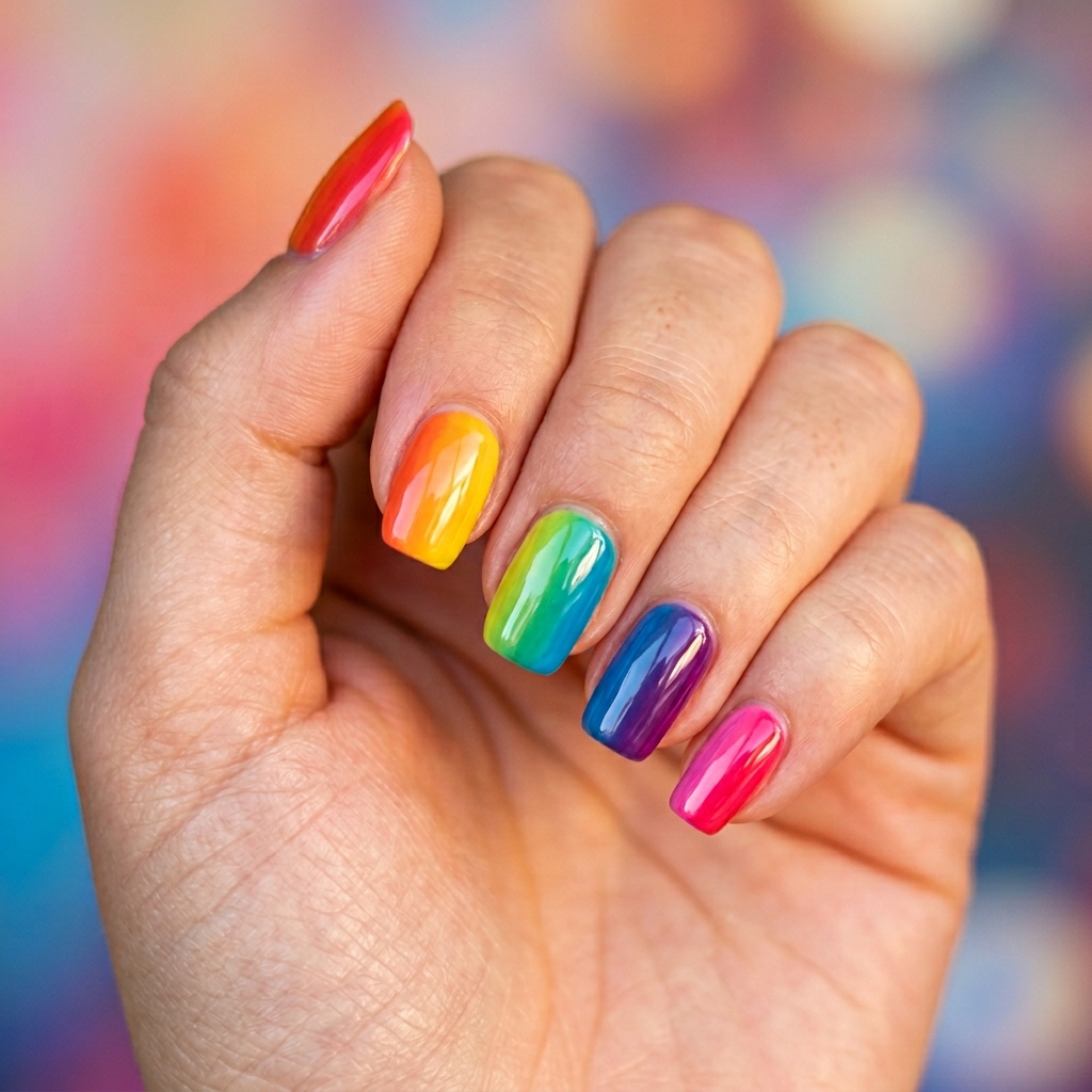A vibrant rainbow design on a colorful gradient background, featuring a glossy finish that enhances the bright hues.