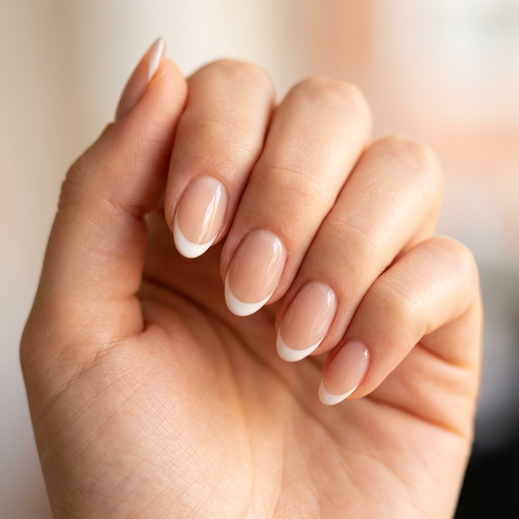 Classic French tips featuring a soft white edge on a nude base, creating an elegant and timeless look.