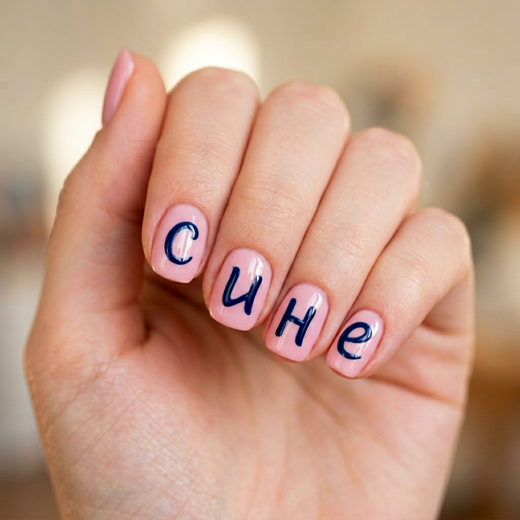 Create a nail design featuring a glossy base coat with each nail showcasing a different Russian letter: 'с', 'и', 'н', and 'е', in a bold, contrasting color. The letters can be hand-painted in a stylish font for an elegant look.