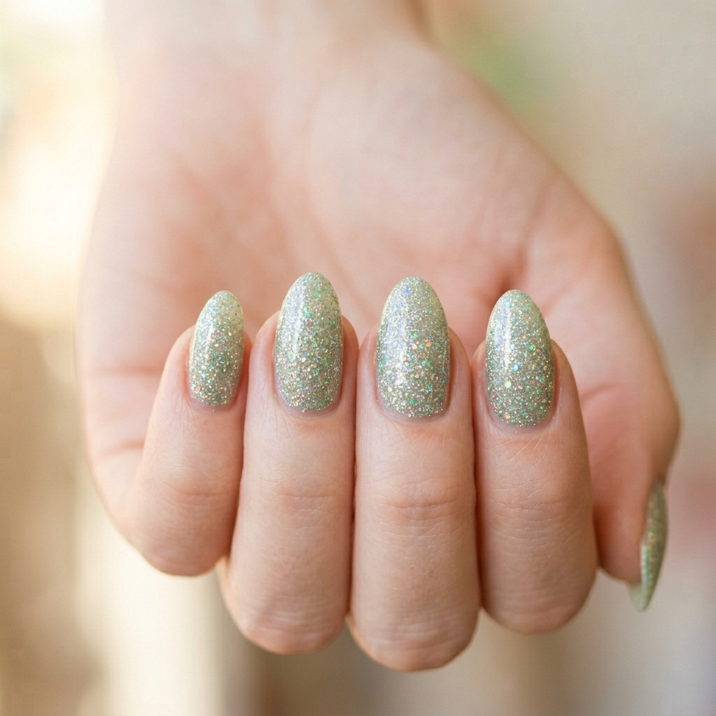 A light green base color with sparkling glitter accents, creating a shimmering effect on the nails.