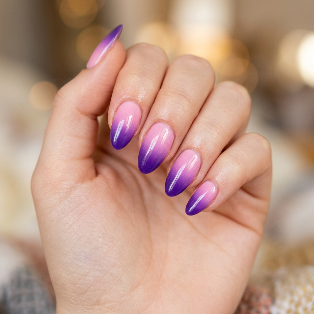 Create a stunning ombre design featuring a smooth gradient transition from soft pink at the base to deep purple at the tips, finished with a glossy top coat for a vibrant shine.