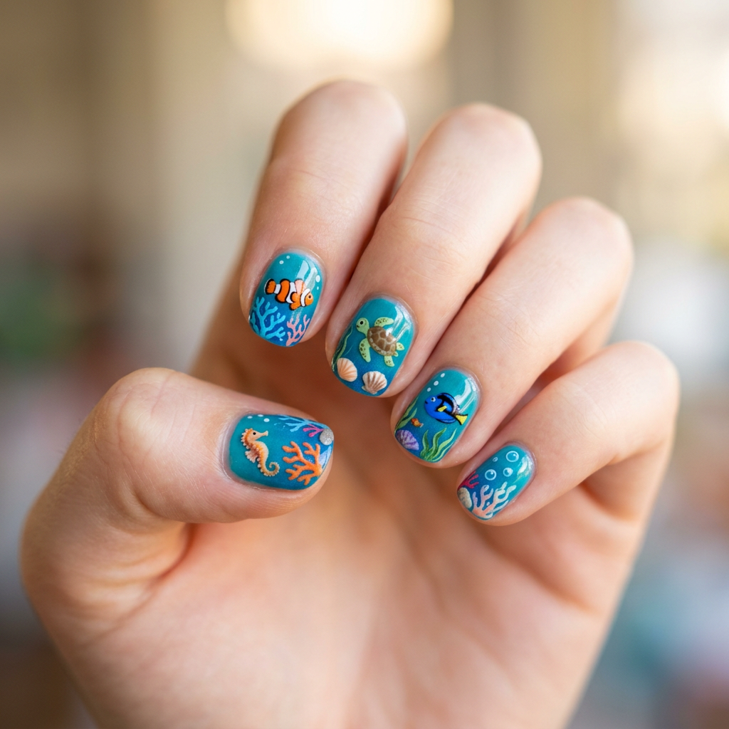 Underwater-themed nail art featuring a blue background with intricate designs of sea creatures and coral, using a glossy finish for a vibrant look.