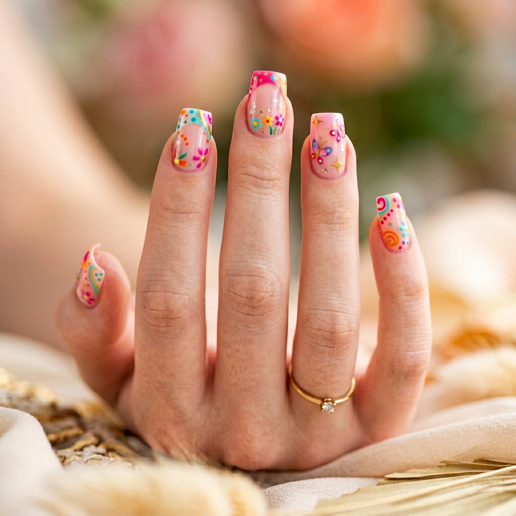 Square-shaped French tips featuring a unique and playful design that showcases vibrant colors and intricate patterns, creating a fun and whimsical look.