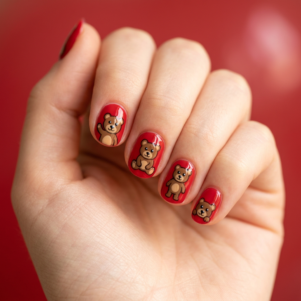 A vibrant red nail design featuring a cute teddy bear motif, with the bear painted in a cartoonish style on a glossy finish. The background is a solid red, enhancing the playful theme.