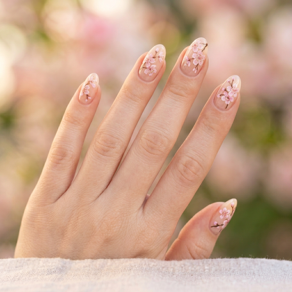 Delicate cherry blossom nail art featuring soft pink flowers with intricate white details on a nude or pastel background, finished with a glossy top coat for a fresh and elegant look.