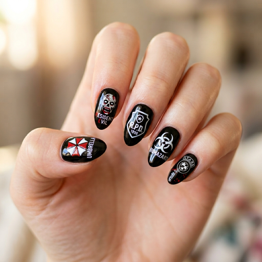 A black nail design featuring intricate resident evil-themed artwork, with glossy black polish as the base and detailed white and red graphics representing iconic elements from the game.