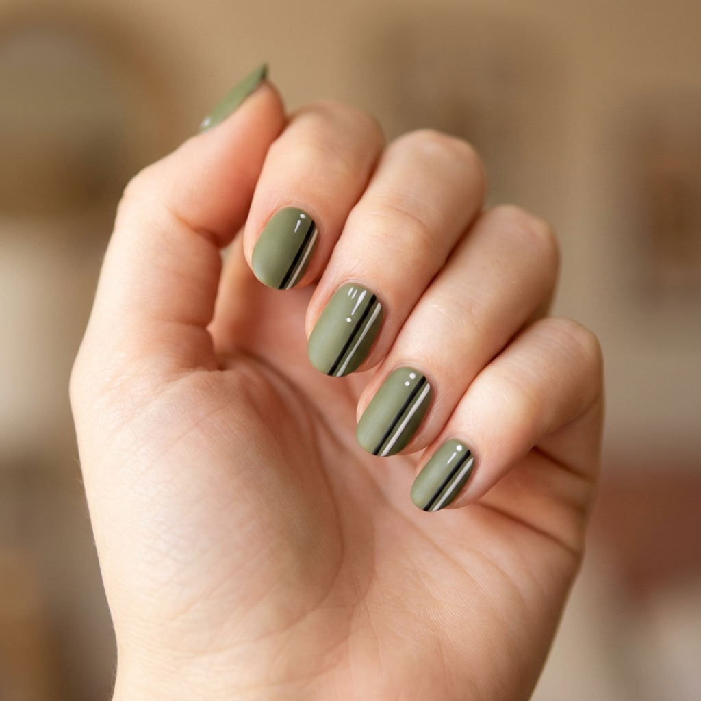 Create a casual nail art design using olive green as the base color, accented with thin black and white stripes to mimic the shirt's design. Add a minimalist touch with small geometric shapes or lines. Consider incorporating a subtle matte finish for a refined look.