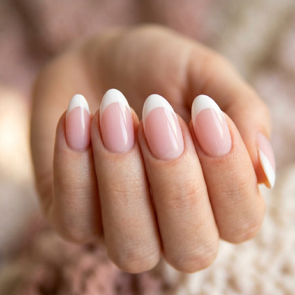 Classic pink French tips featuring a soft pastel pink base with a glossy white tip, elegantly shaped in a natural almond style.