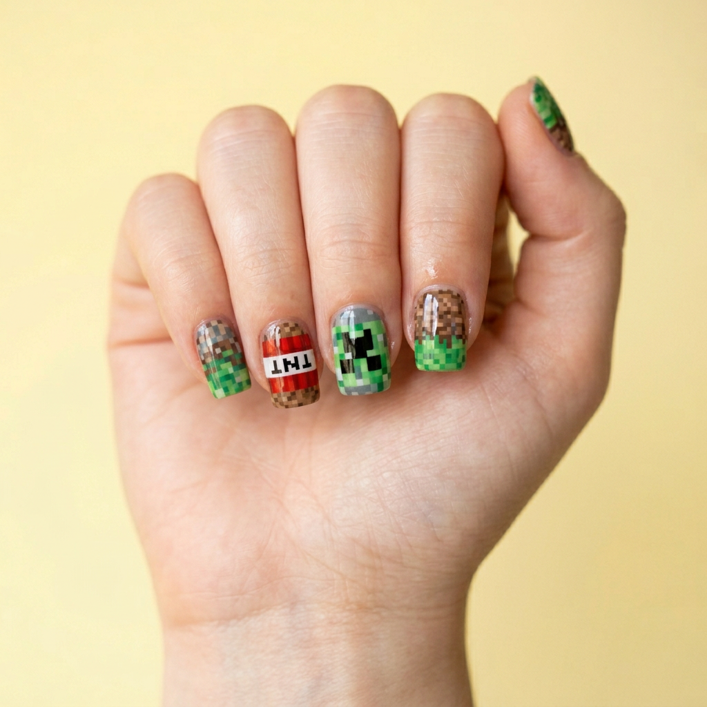 Nails featuring a Minecraft-inspired design with pixelated patterns in various shades of green and brown, set against a bright yellow background. The nails are shaped in a square style with a glossy finish.