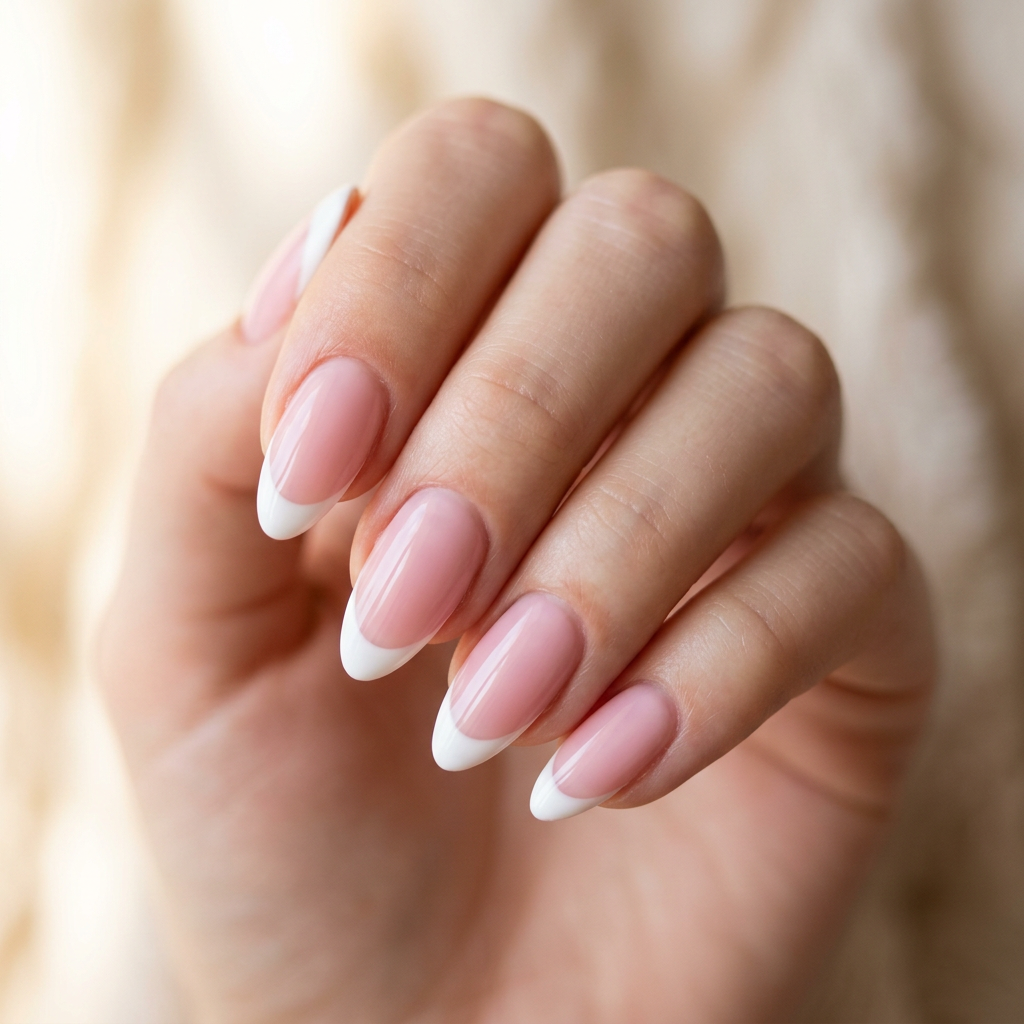 Classic pink French tips featuring a soft pastel pink base with a glossy white tip, elegantly shaped in a natural almond style.