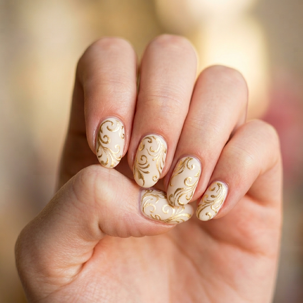 Create a nail design with a soft cream base and intricate gold swirl accents to mimic the elegant and sophisticated pattern, perfect for a formal occasion or an elegant night out.
