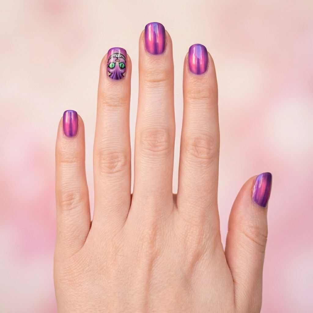 A whimsical nail art design inspired by the Cheshire Cat, featuring a gradient of purple and pink stripes on a glossy finish, with a playful smile and bright green eyes painted on an accent nail.
