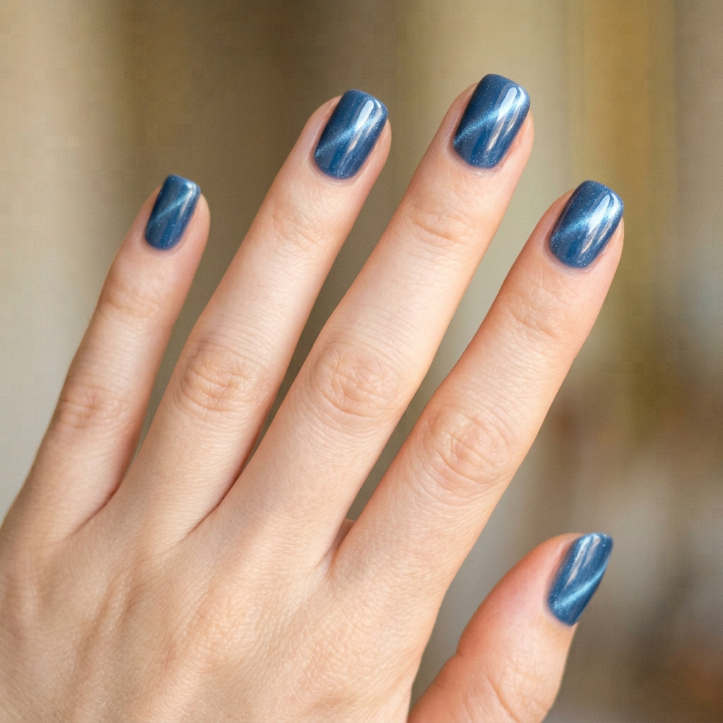 Blue cat-eye nails featuring a glossy finish that creates a mesmerizing optical effect, perfect for a chic and stylish look.