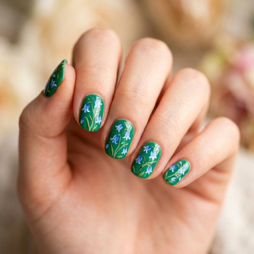Green nails featuring delicate blue bell flower designs, creating a charming floral pattern.