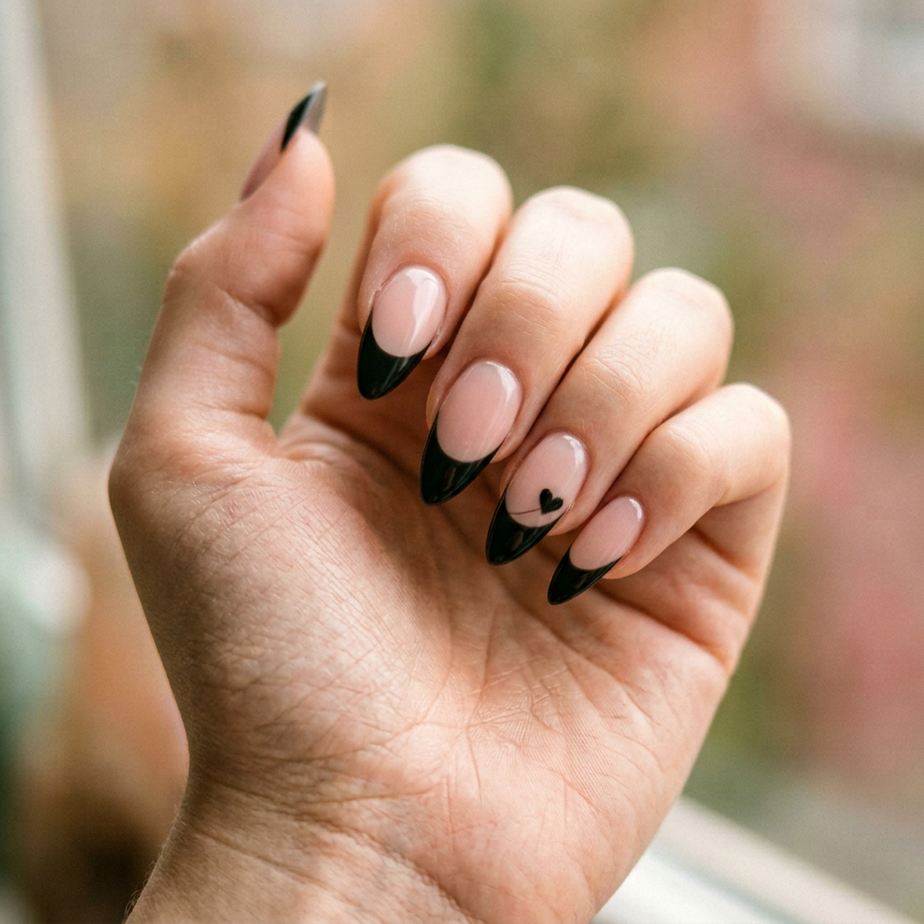 Black French tips on long stiletto nails, featuring a small black heart on one finger.