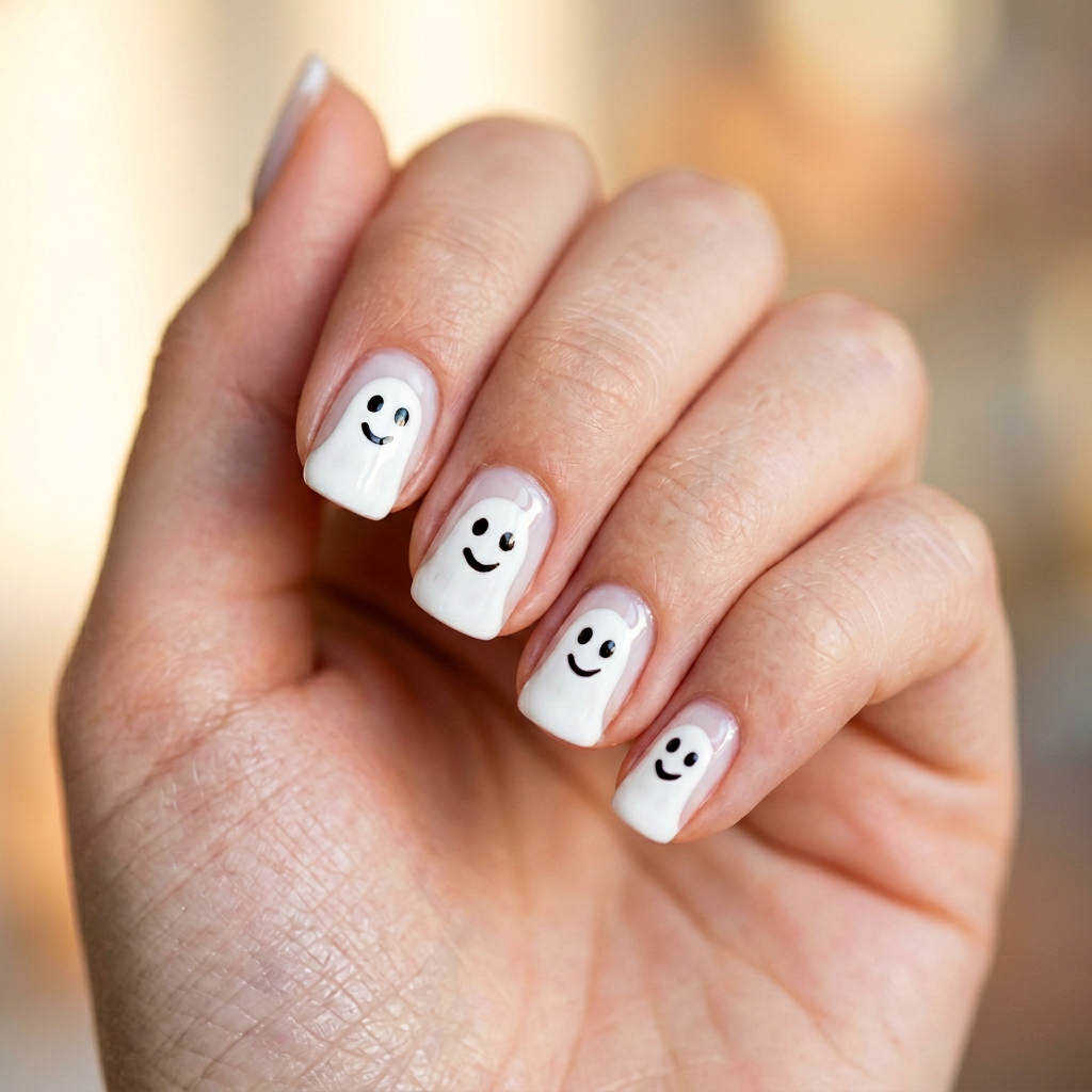 A ghost design on a white background, featuring a playful, cartoonish ghost with black eyes and a smiling mouth, painted on a glossy white nail base.