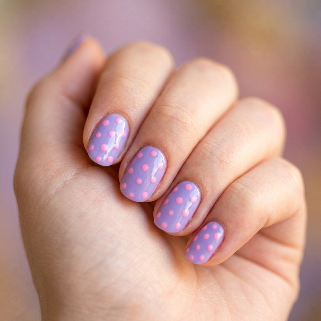 A playful design featuring a light purple base with pink dots scattered across the nails, creating a fun and whimsical look.