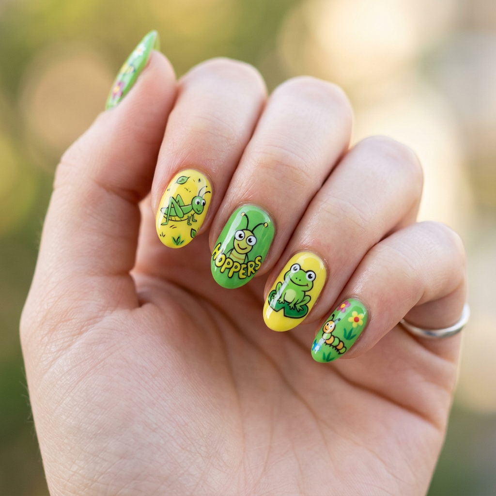 Create a playful nail art design inspired by the cartoon 'Hoppers', featuring a vibrant color palette of greens and yellows. Each nail can showcase a different character or scene, using glossy finishes and fun cartoon-style illustrations.