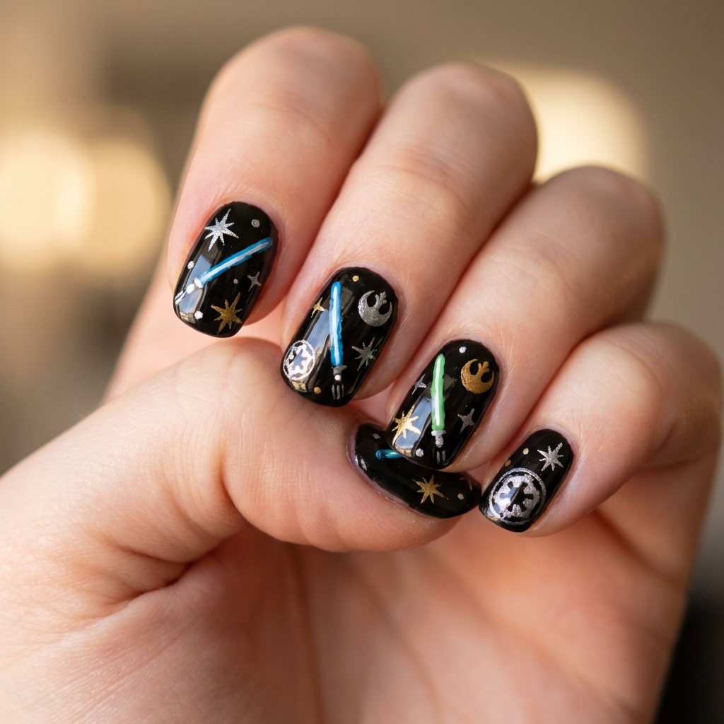 Create a nail art design inspired by Star Wars featuring a deep space background with a glossy black base, accented by silver and gold starburst patterns representing stars and planets. Add small, intricate details like tiny lightsabers and iconic symbols from the series using nail art paint for a fun, themed look.
