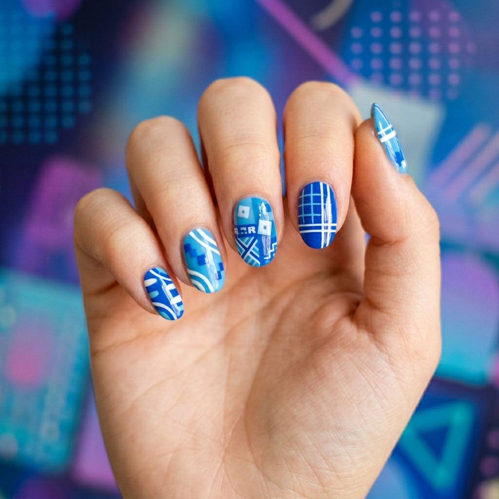 A blue background with abstract line designs, featuring a Roblox theme. The nails are painted in a glossy finish, with a mix of blue shades and white lines creating a playful and modern look.