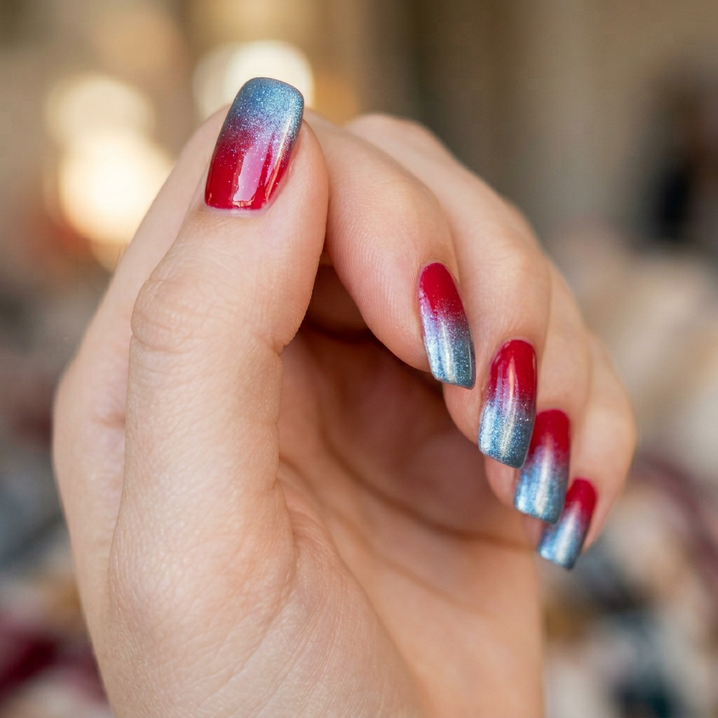 A vibrant red nail design featuring a glossy finish, accented with a platinum blue ombre effect that transitions smoothly from the base to the tips.