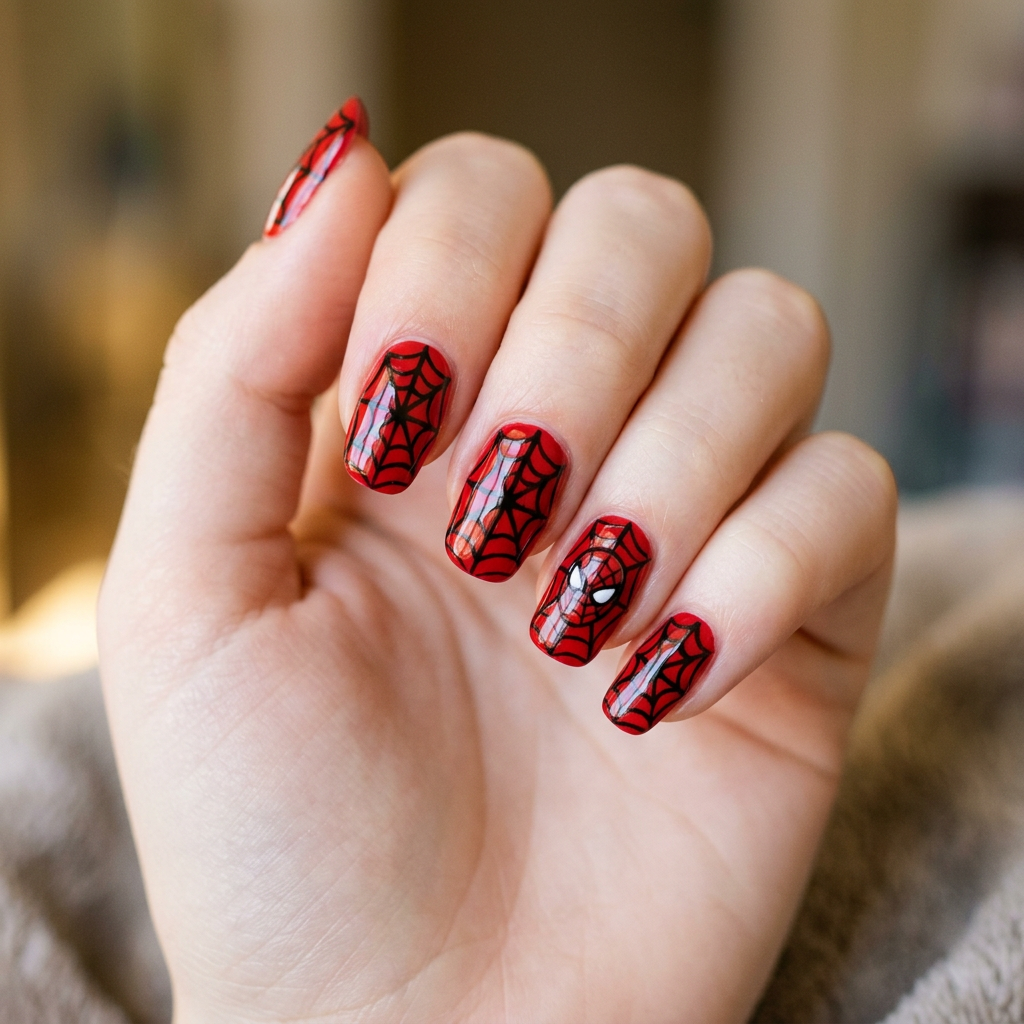 Spider-Man themed nail art featuring a vibrant red base with black web patterns and a small Spider-Man emblem on an accent nail, finished with a glossy top coat.