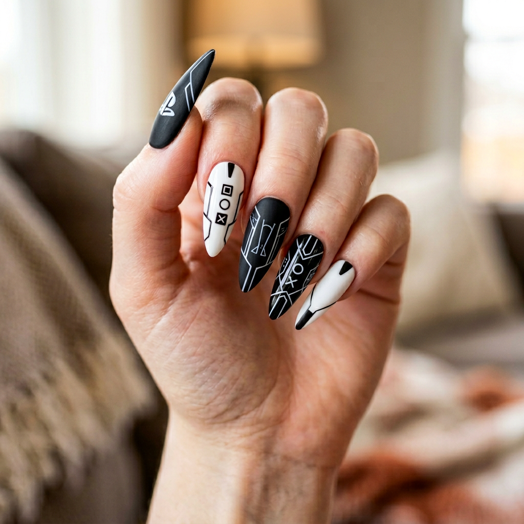Nail art inspired by the PS5, featuring a sleek white and black color scheme. The design includes glossy black stiletto nails with white geometric patterns and accents resembling the console's design, finished with a matte top coat for a modern look.