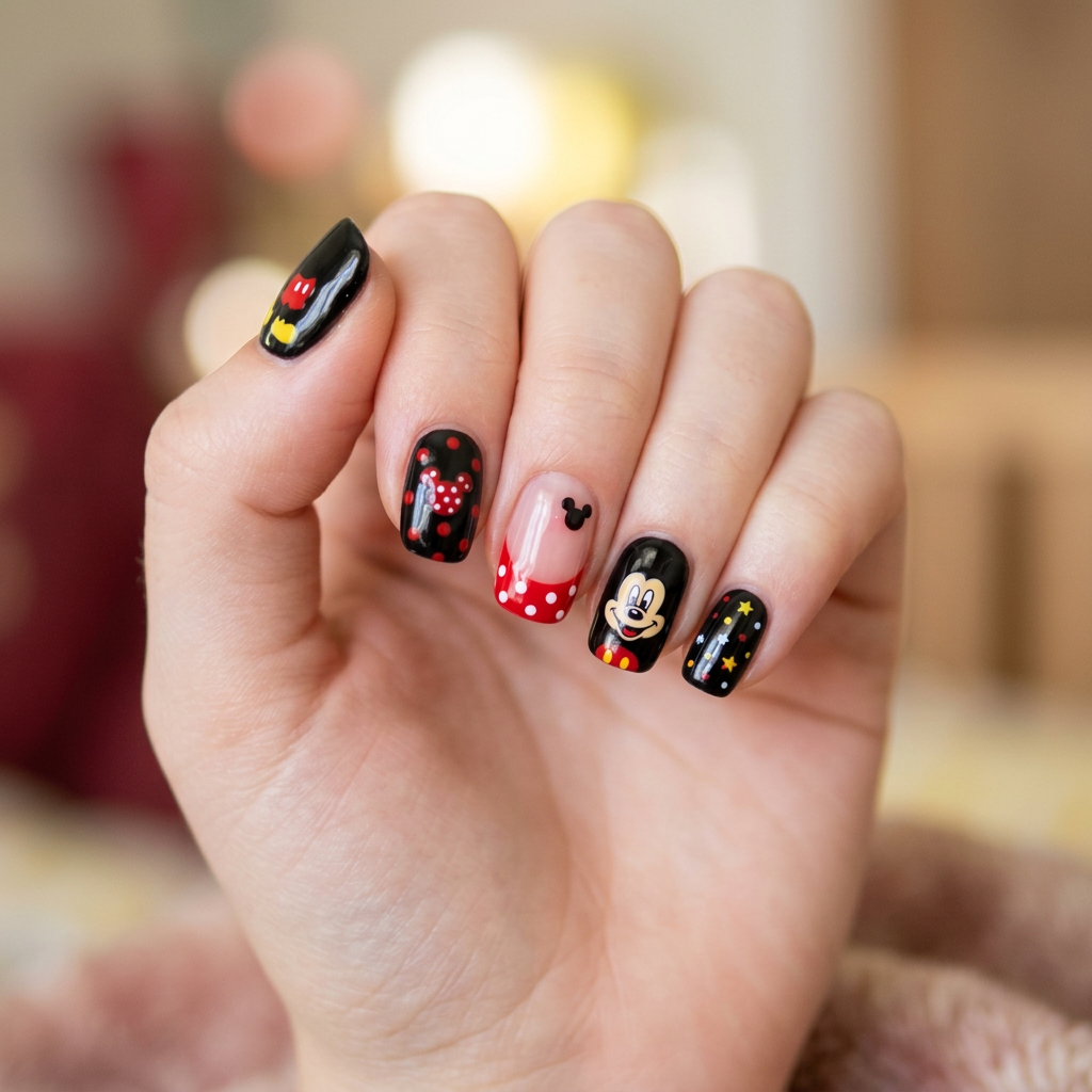 Mickey Mouse-inspired nail art featuring a glossy black base with red and yellow accents. Each nail showcases a different design, including Mickey's iconic ears, polka dots, and a playful red French tip.