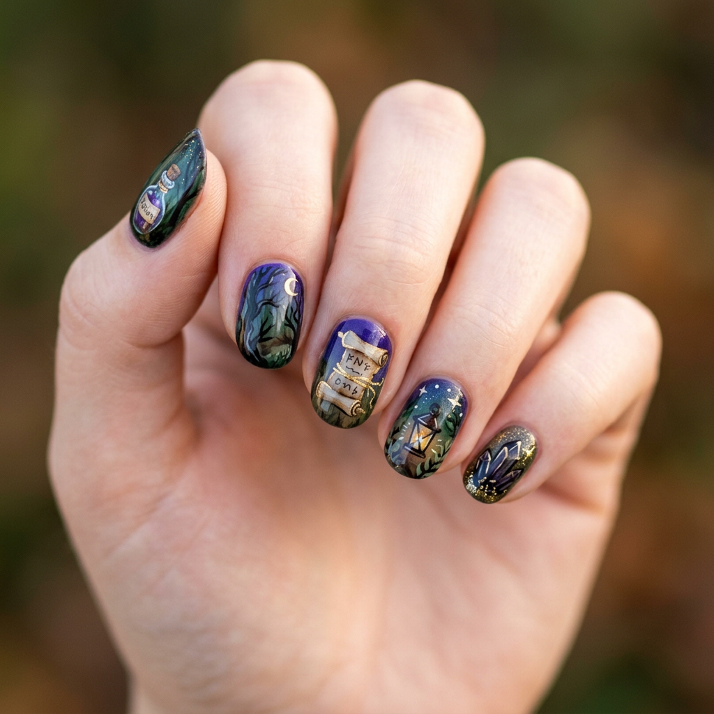 Create a mystical nail art design featuring deep purple and earth tones with motifs of dark forests, potion bottles, and enchanted scrolls. Use metallic accents to add a touch of magic and mystery.