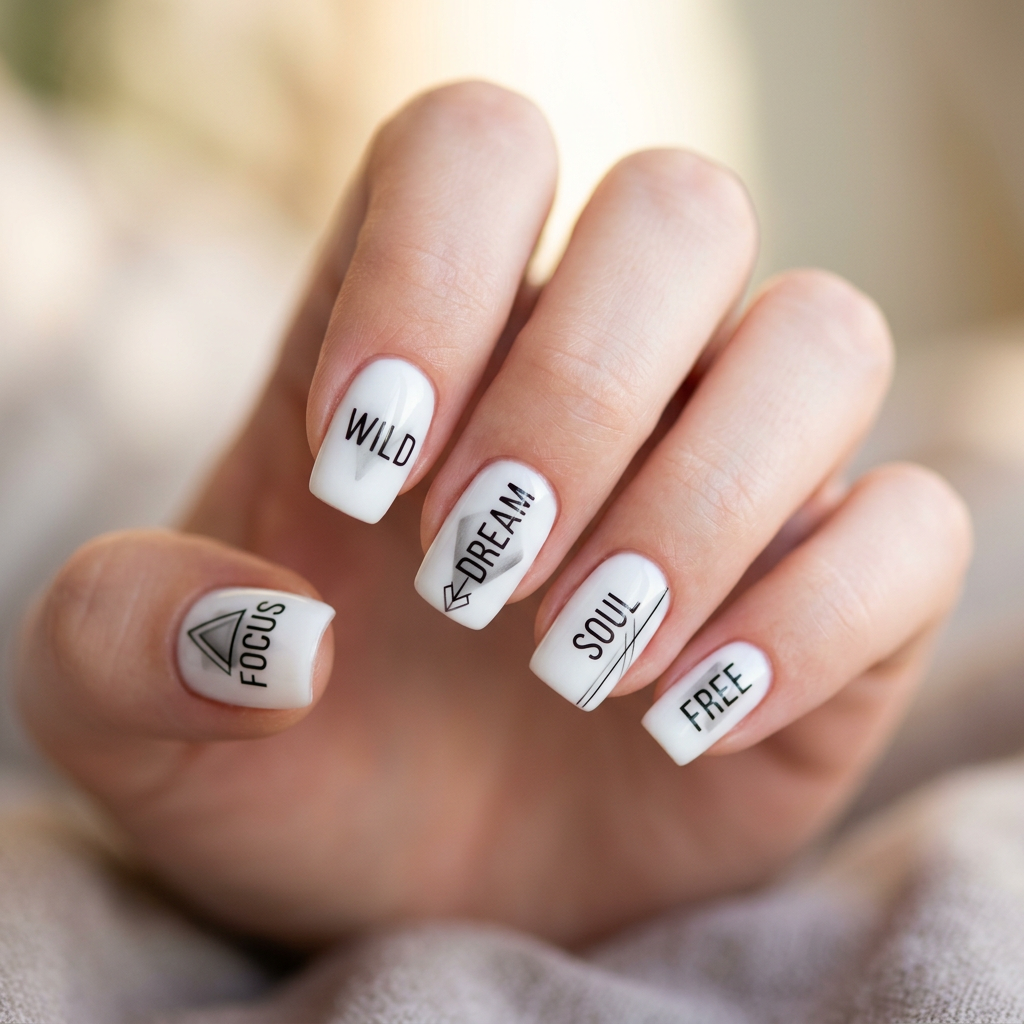 Design nail art with a base of white, featuring black lettering and simple geometric lines to mimic the style of the text. Add subtle gray shading to enhance the contrast and create a minimalist, modern look perfect for everyday wear., minimal elegant style