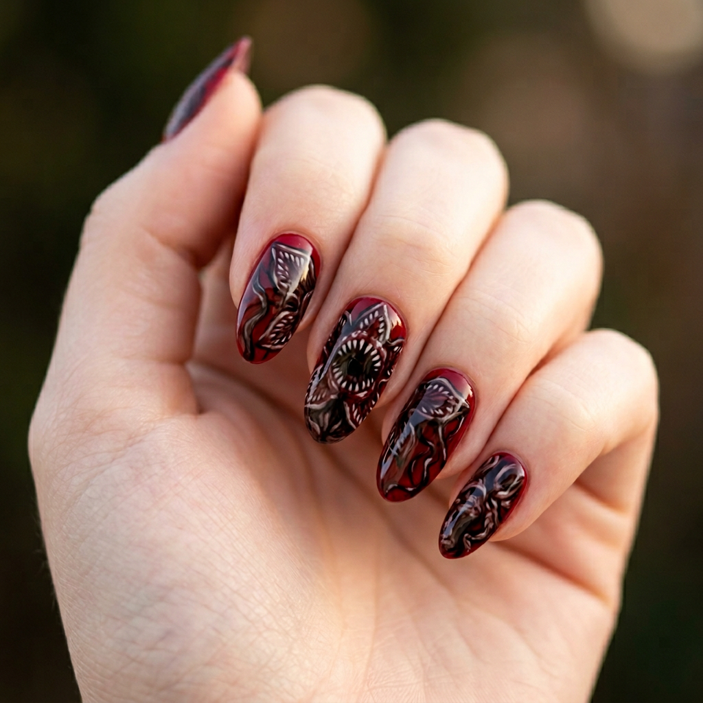 A striking nail design featuring a deep red background with intricate Demogorgon-inspired artwork, showcasing dark, detailed patterns and textures that evoke a sense of mystery and fantasy.
