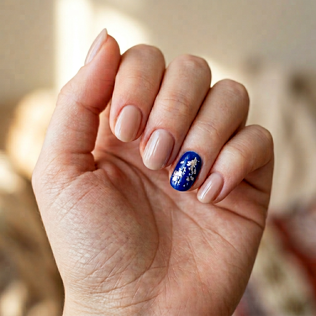 A set of nails featuring a glossy blue accent nail, complemented by a neutral base on the other nails. The blue accent is adorned with delicate silver foil for added elegance.