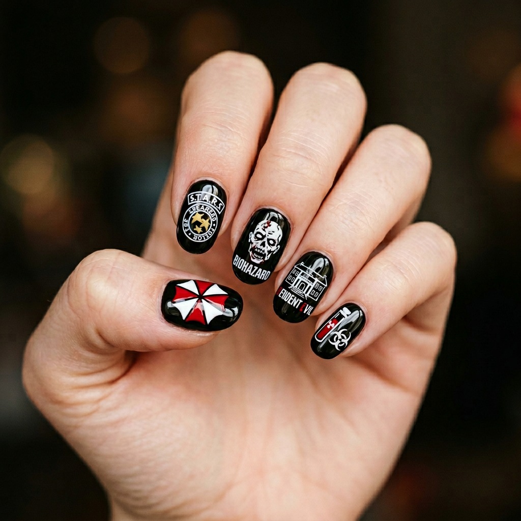 A black nail design featuring intricate resident evil-themed artwork, with glossy black polish as the base and detailed white and red graphics representing iconic elements from the game.