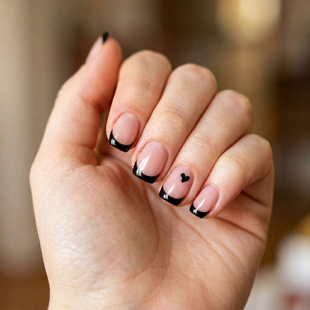 Black French tips with a small black heart on one nail.