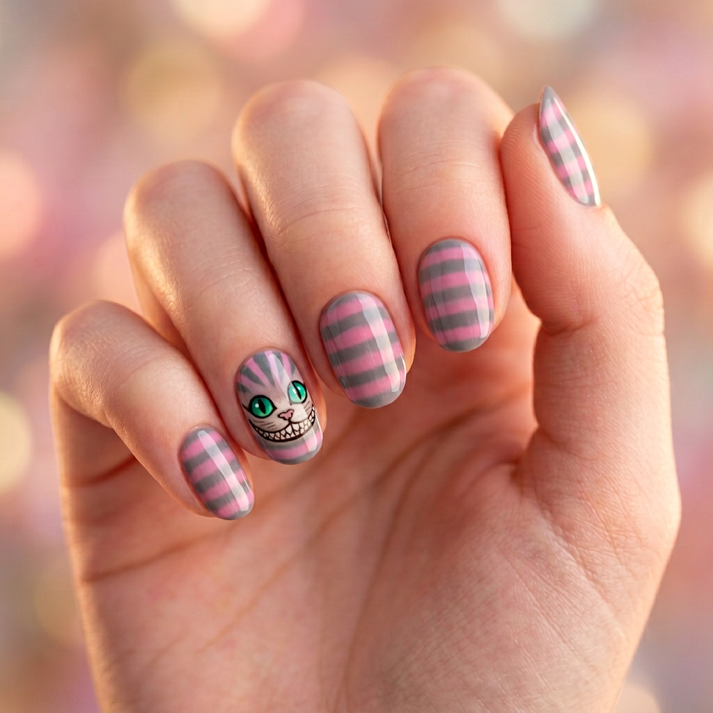 A whimsical nail art design inspired by the Cheshire Cat, featuring a gradient of grey and pink stripes on a glossy finish. An accent nail showcases a playful smile and bright green eyes, adding a fun touch to the overall look.