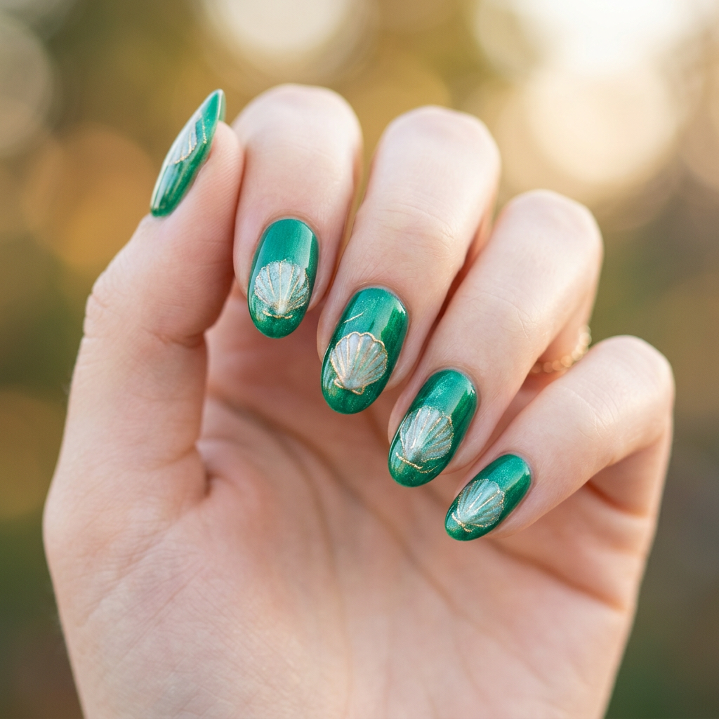 Emerald green nails featuring a shell design, with a glossy finish to enhance the vibrant background.