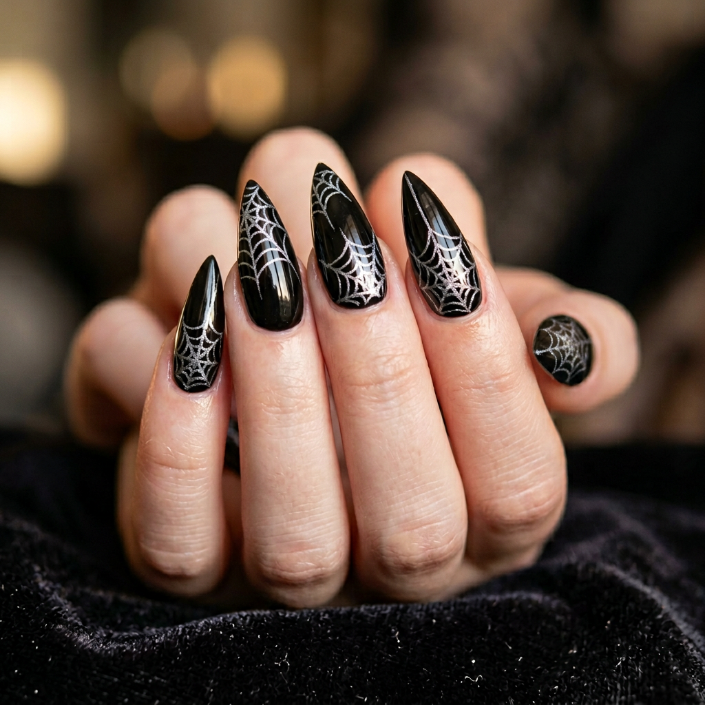 Super long witch-inspired nails featuring a glossy black finish with intricate silver spider web designs and pointed stiletto shapes.