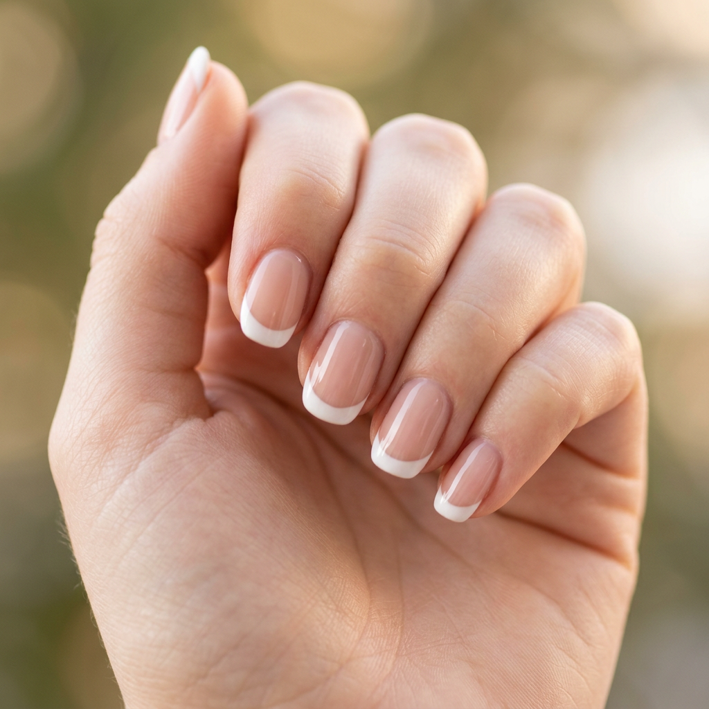 Classic French tips featuring a soft white edge on a nude base, creating an elegant and timeless look.