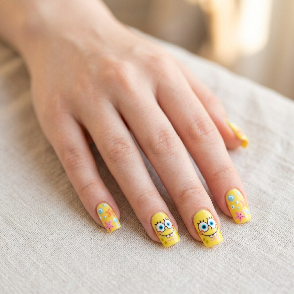 Create a fun nail art design inspired by Spongebob, featuring bright yellow nails with a glossy finish, adorned with hand-painted Spongebob faces on accent nails, and playful sea-themed elements like bubbles and starfish in vibrant colors.