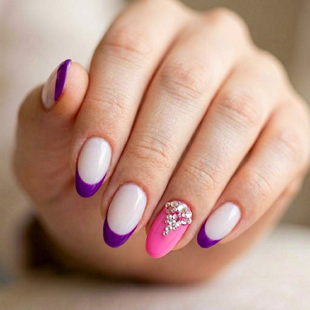 A classic French tip design featuring a soft white base with vibrant purple tips, complemented by one accent nail in a bright pink color adorned with Swarovski crystals on the pinky finger. The nails are medium length, creating a chic and stylish contrast.